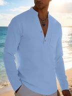 Men's Solid Color Henley Long Sleeve Shirt, Lightweight Breathable Casual Button Up Tops for Summer - Sky Blue
