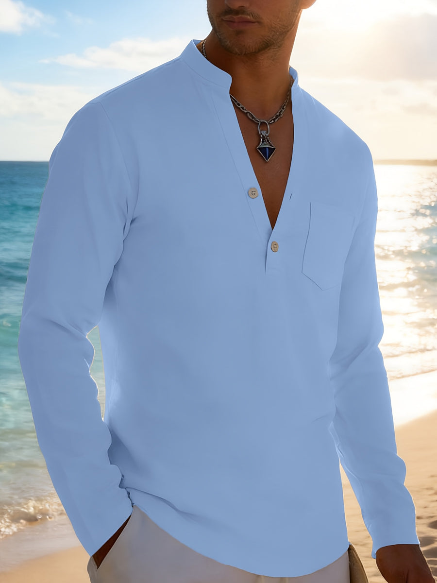 Men's Solid Color Henley Long Sleeve Shirt, Lightweight Breathable Casual Button Up Tops for Summer - Sky Blue