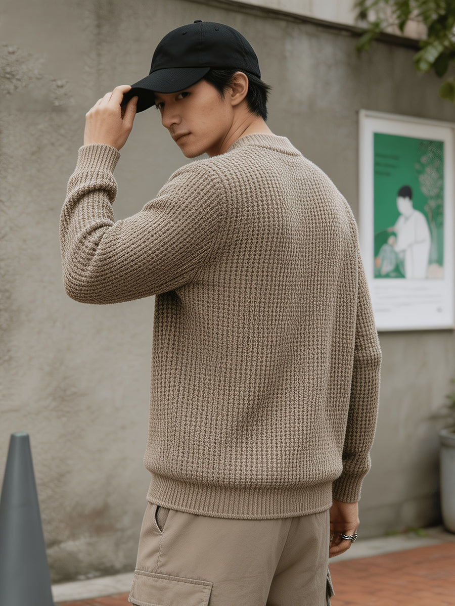 Autumn Winter Men'S Waffle Knit Round Neck Pullover Sweater, Faux Two-Piece Color Blocked Trim Long Sleeve Knit Top, Loose Drop Shoulder Warm Sweater, Suitable for Daily Commute Casual Wear - Apricot