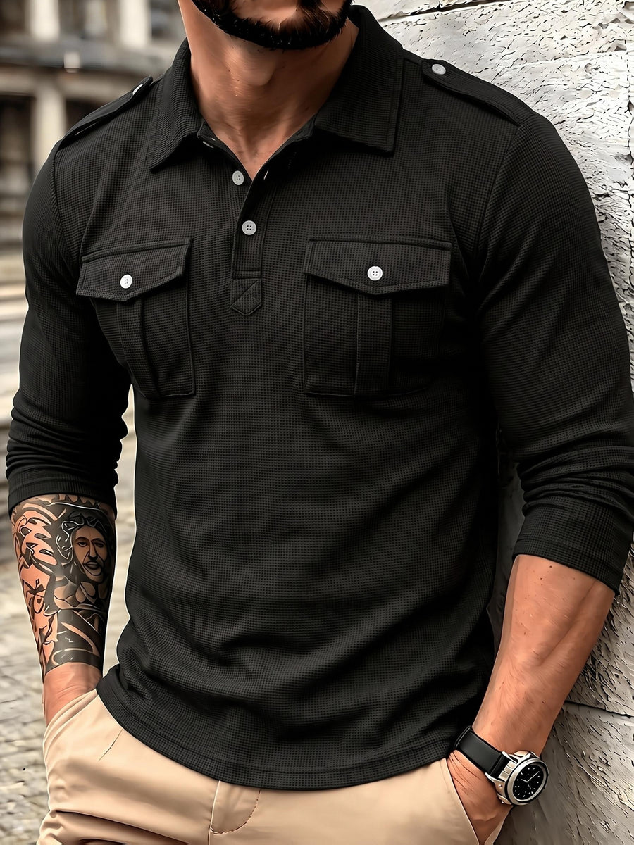 Men'S Fashion Top, Autumn Outdoor Casual Textured Waffle Fabric, Solid Color Lapel Pocket Patchwork Single Button Long Sleeve Men'S Polo Shirt - Black