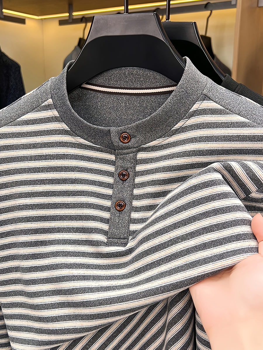Men's Multi-Color Horizontal Stripe Half-Button Long Sleeve T-Shirt, Henry Collar Design, Comfortable and Soft Knitted Fabric, Business Commute Inner Wear, Middle-Aged Men's Autumn Casual Top - Light Grey