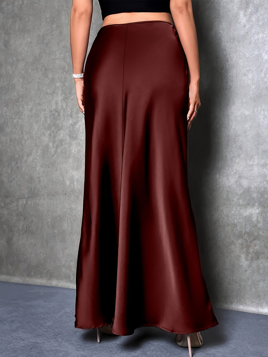 Women's High-Waisted Solid Color Elegant Satin Skirt, Suitable for Date, Party, Gift, All Season - Burgundy