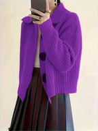 Solid Color Button-Front Cardigan, Korean Style Short Outerwear, Elegant for Vacation, Daily Commute - Purple