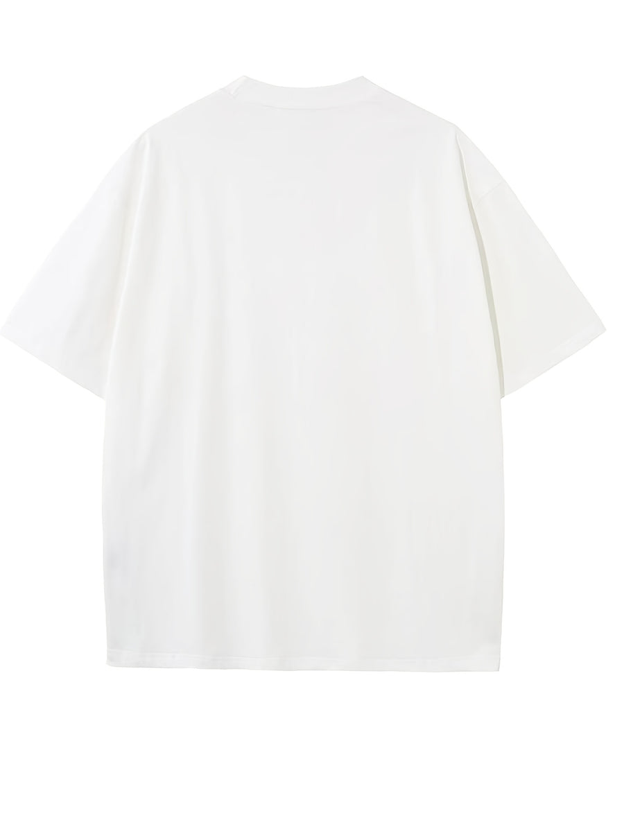 FP032 Summer Style 230g Heavyweight Premium Pure Men's Knitted Short-Sleeve Top, Comfortable and Breathable Summer Style with Foam Print, Fashionable and Trendy, Men's Casual Solid Color Crew Neck Short-Sleeve Base Layer, Drop Shoulder Loose Fit - White
