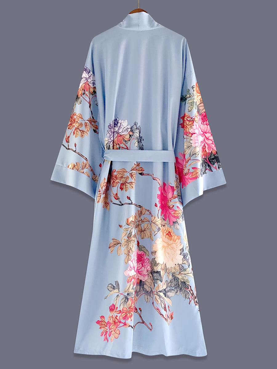 Japanese-style Rose Print Mid-length Three-quarter Sleeve Kimono Cardigan, Lightweight Outerwear for Women, Elegant European and American Ethnic-inspired Streetwear Casual Cover-up, Beach Vacation Travel Uchikake-style Thin Cape Coat, Home Yukata - Bright Steel Blue