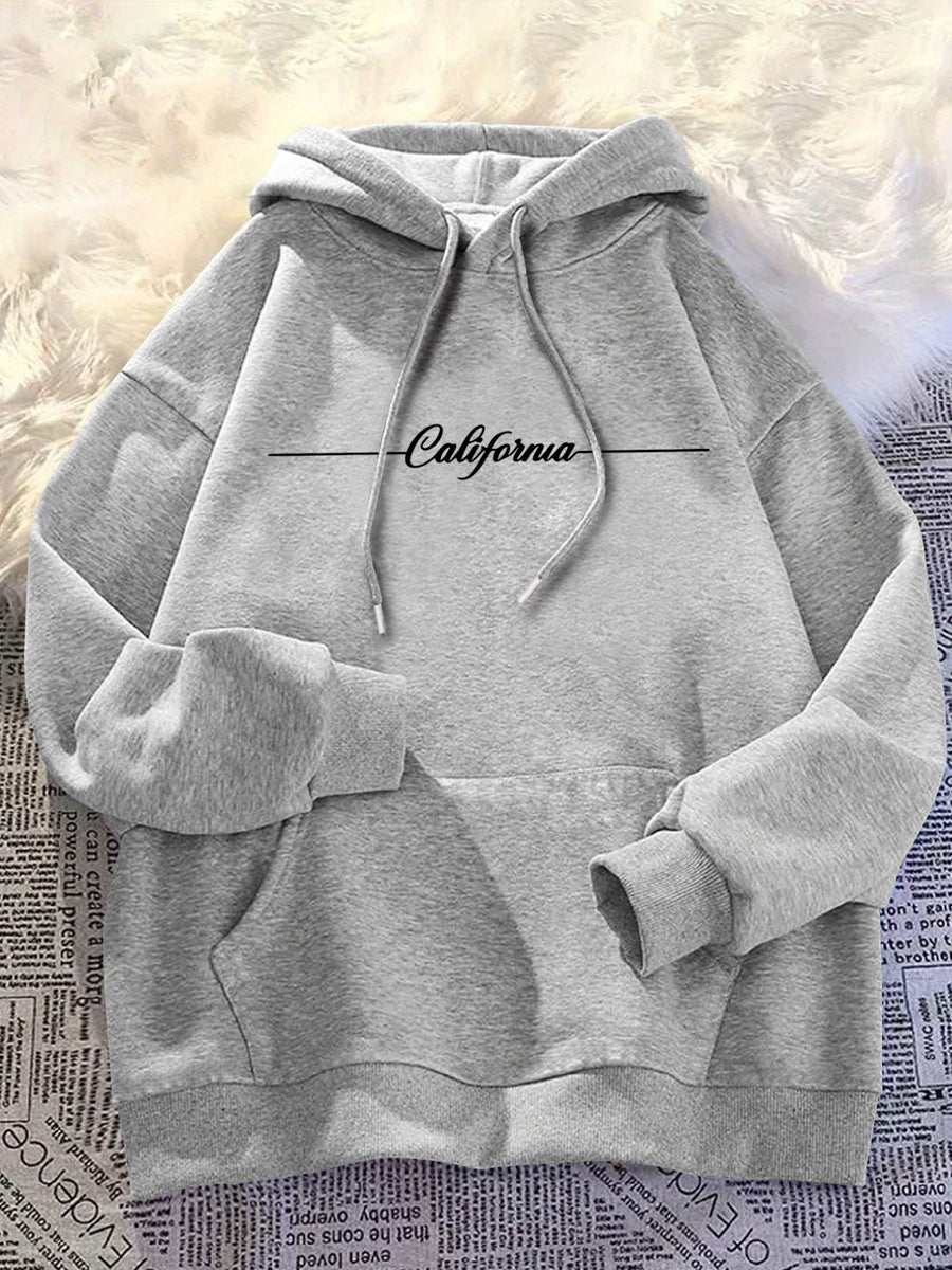 Men's Cursive Handwritten Horizontal Line Decorative Print Hooded Sweatshirt, Simple and Trendy Black Pullover Top for Men - Light Grey