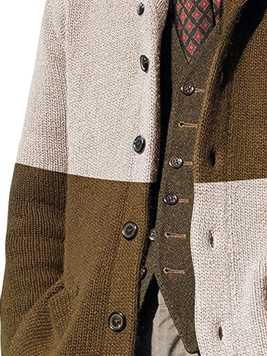 Men's Autumn and Winter New Style Lapel Single Breasted Cardigan Color Blocked Fashionable Casual Business Versatile Slim Fit Skin Friendly Comfortable Soft Warm Long Sleeved Pocket Durable Sports Vitality Simple Knitted Sweater - Light Grey