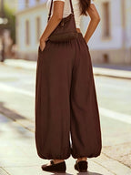 Women's High-Waist Wide-Leg Trousers with Elastic Waist - Vintage Cuffed Flared Pants Suitable for - Wear, Loose Tapered Leg, Beltless Solid Color Pants for Casual & Professional Outfits (Machine Washable) - Coffee Color