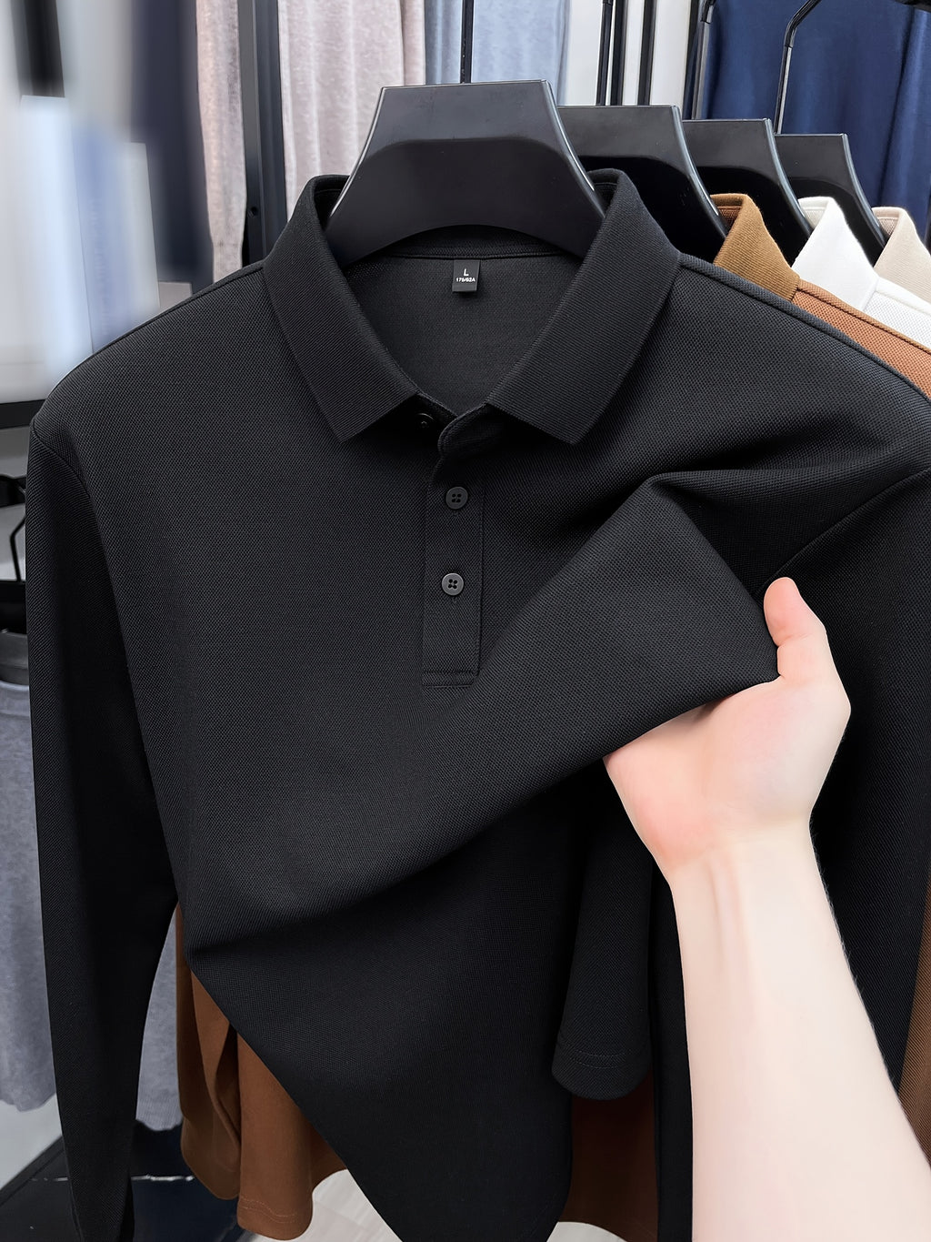 Autumn New Men'S Long Sleeve Henley Polo Shirt, Easy Lapel 3-Button Top, Casual Commute Wear, Comfortable And Skin-Friendly, Versatile Basic Men'S Clothing, Spring/Autumn Inner And Outer Wear, Can Be Worn Alone Or Layered with Jacket, Men'S Gift - Black