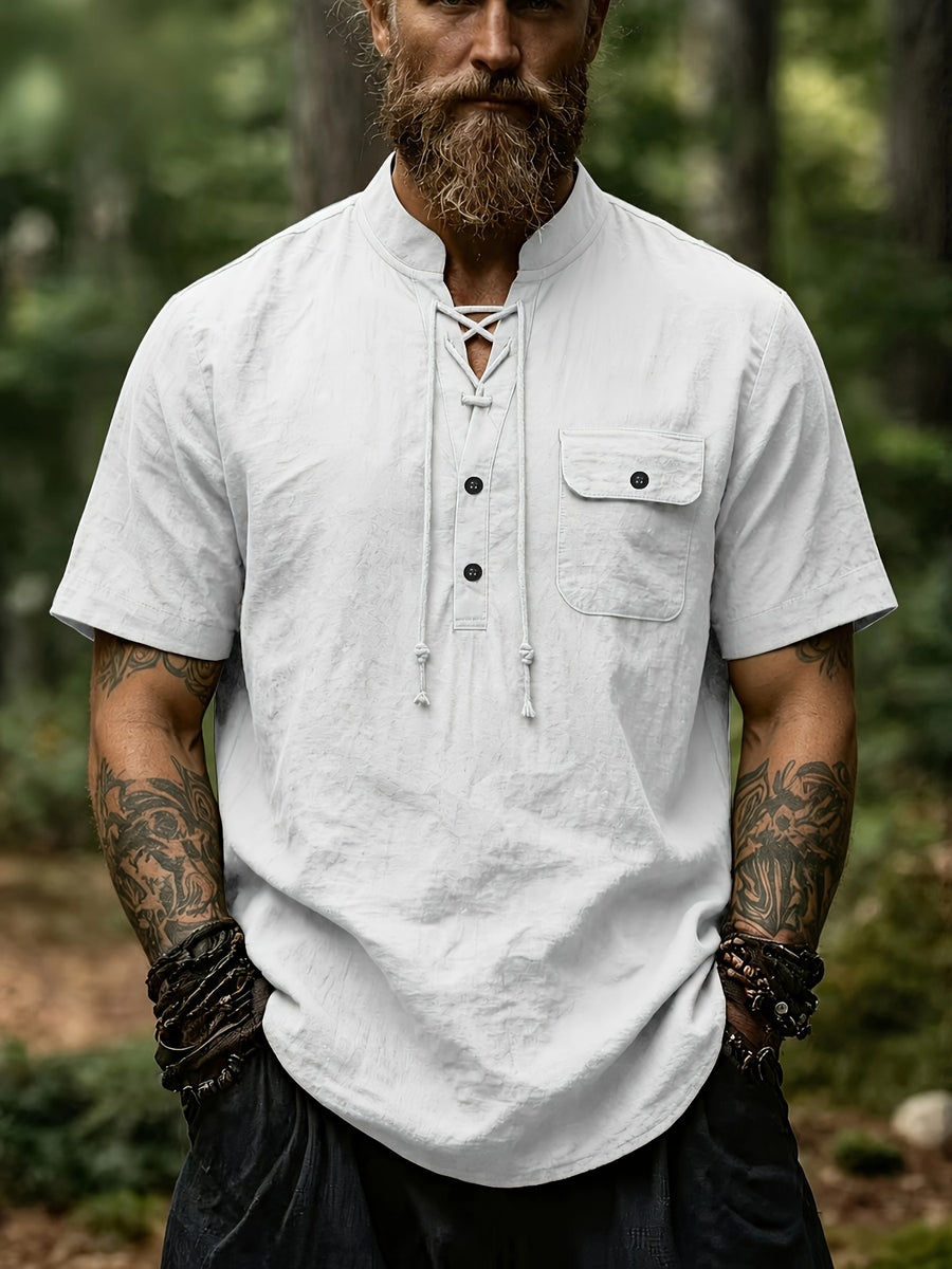 New Men'S Lace-Up Henley T-Shirt, Stand Collar Short Sleeve Casual Pullover with Adjustable Drawstring Neckline And Flap Chest Pocket, Lightweight Relaxed Fit Top for Beach Vacations, Travel, Outdoor Leisure And Everyday Wear - White