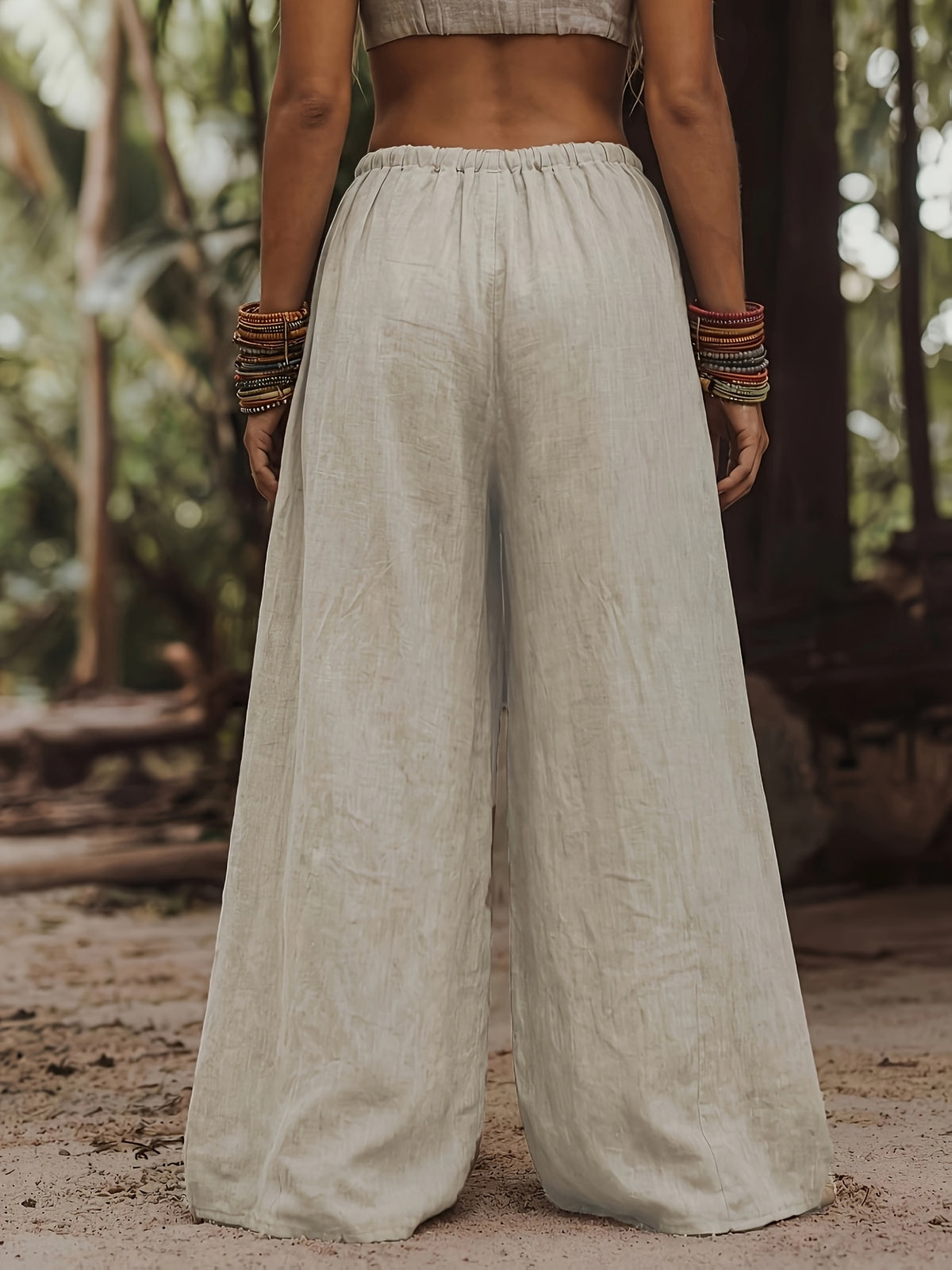 Plus Size, Elegant Special Edition Wide-leg Pants, Design, Minimalist Style, Casual Fit, Wide-leg Cut, Spring/summer Wear, Plus-size Women's Trousers - Khaki