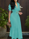 Summer Women'S Dress with Lapel V-Neck Puff Sleeves And Waist Cincher Pleated Maxi Skirt - Ocean Green