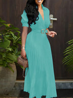 Summer Women'S Dress with Lapel V-Neck Puff Sleeves And Waist Cincher Pleated Maxi Skirt - Ocean Green