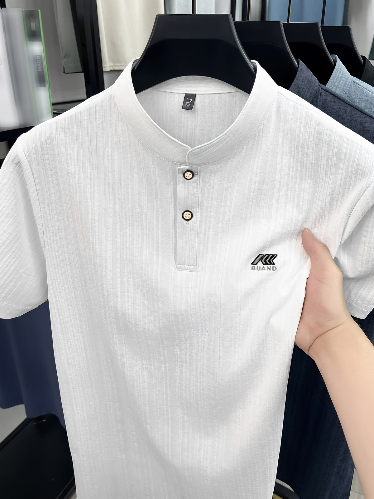 [Slight Stretch | Size up for Loose Fit] New Spring/Summer Men's Henry Shirt, Solid Color Half-Open Placket Single-Breasted Stand Collar Short Sleeve T-Shirt, Men's Business Casual Fashionable Breathable Versatile Polo Shirt, Chest Print Basic Tee - White