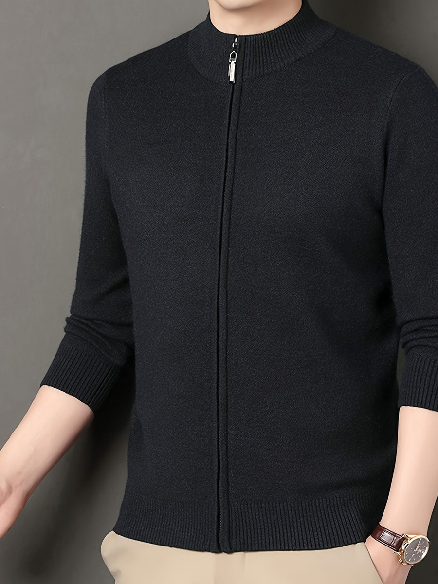 Men's Stand Collar Zipper Solid Color Knit Cardigan, Business Casual Style, Simple Solid Color, Slim Fit Not Tight, Versatile and Practical - Dark Gray