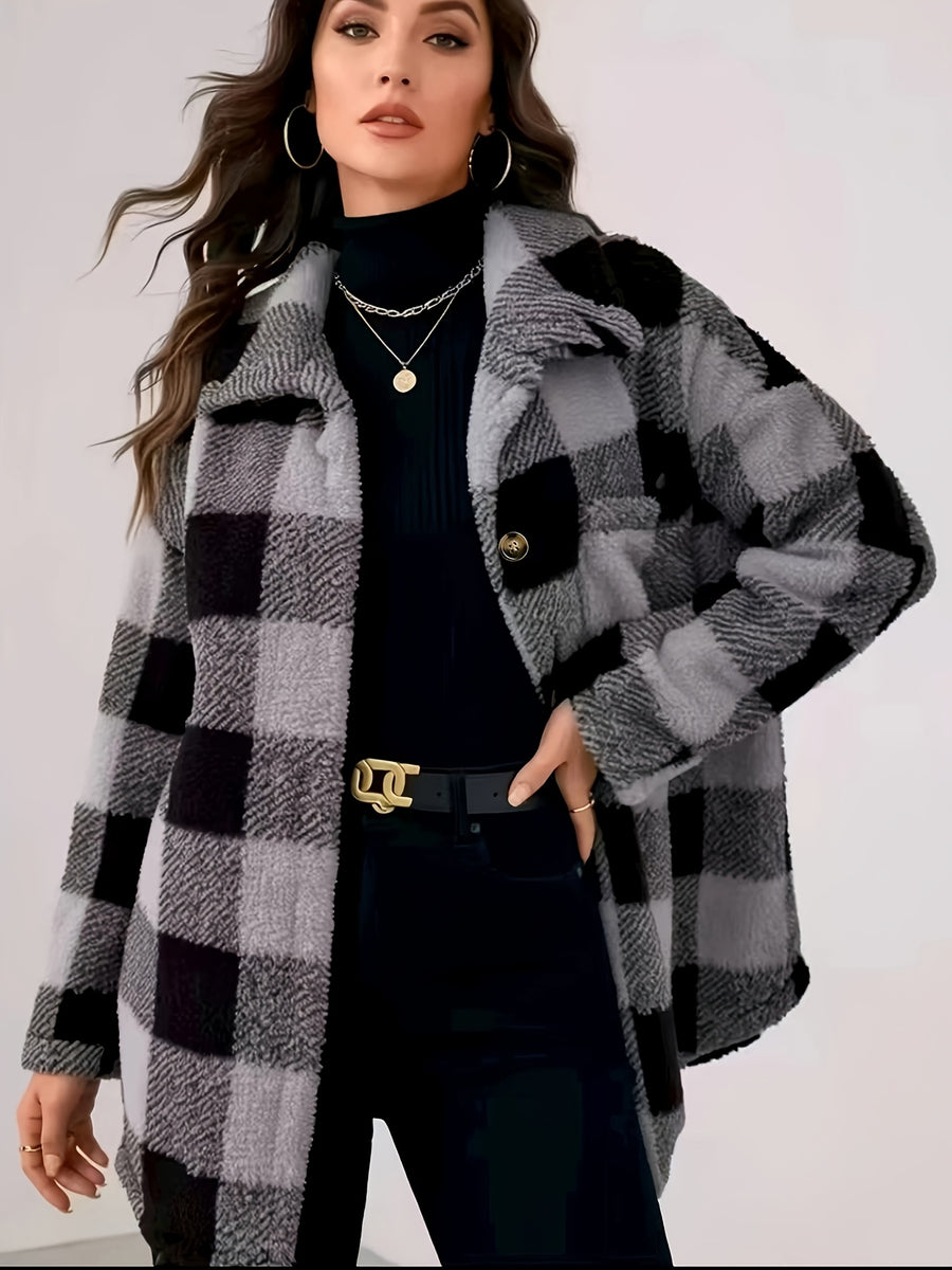 Women's Casual Plaid Jacket, Warm Loose Plush Patchwork Casual Outerwear - Deep Grey