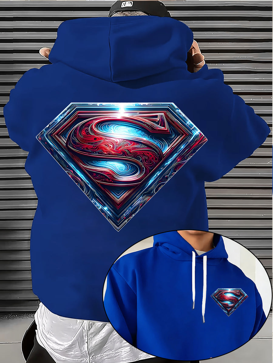 Warner Bros. Official Light and Shadow Superman S-Logo Printed Hooded Sweatshirt — Unisex Loose Pullover, Suitable for Casual, Sports, and Daily Wear, Machine Washable and Warm, for Autumn and Winter - Blue