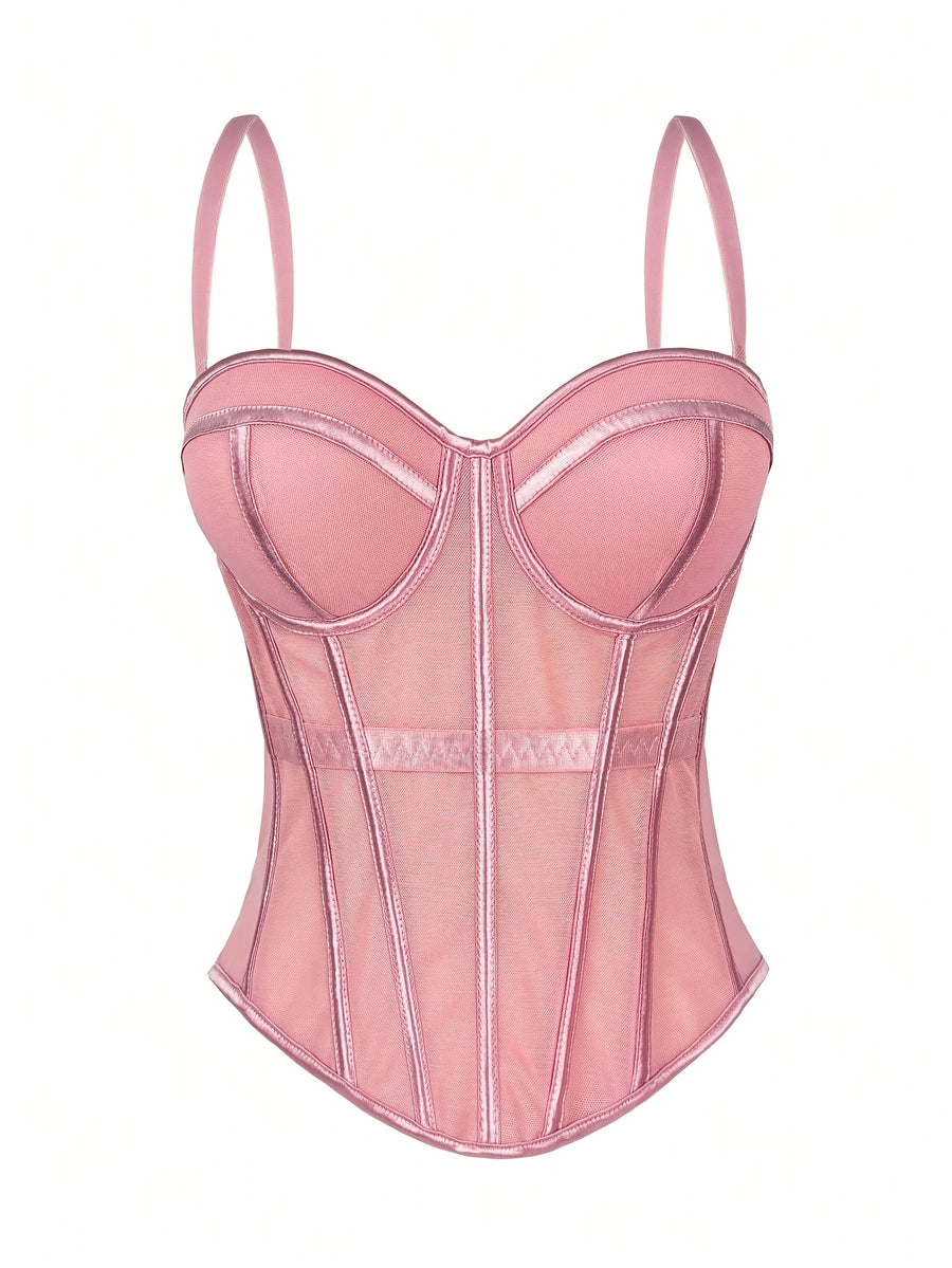 Elegant Mesh Sheer Fishbone Bustier, Tummy Control Shapewear Outerwear Elegant Tight Camisole Top, Stage Performance Strappy Top, Women'S Clothing - Pink