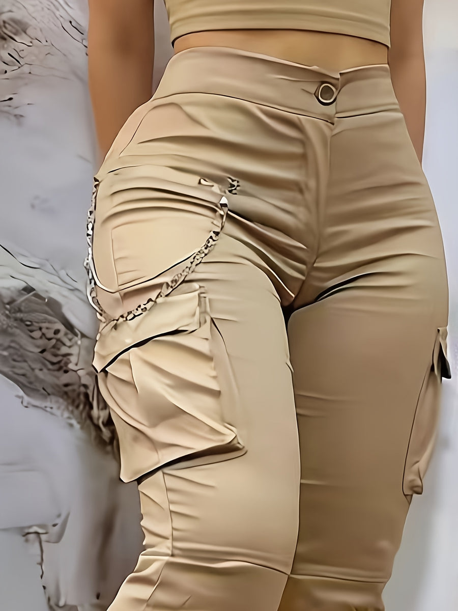 Women's High Waist Overalls-beige Non-stretch Jeans, Zipper Pocket Design, Casual and Formal Wear Dual-use Spring, Summer and Autumn Daily Pants, Durable Fabric Solid Color - Khaki