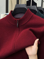 Men's Stand Collar Zipper Solid Color Knit Cardigan, Business Casual Style, Simple Solid Color, Slim Fit Not Tight, Versatile and Practical - Red