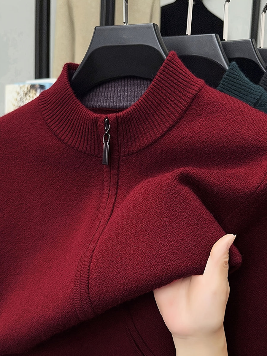 Men's Stand Collar Zipper Solid Color Knit Cardigan, Business Casual Style, Simple Solid Color, Slim Fit Not Tight, Versatile and Practical - Red