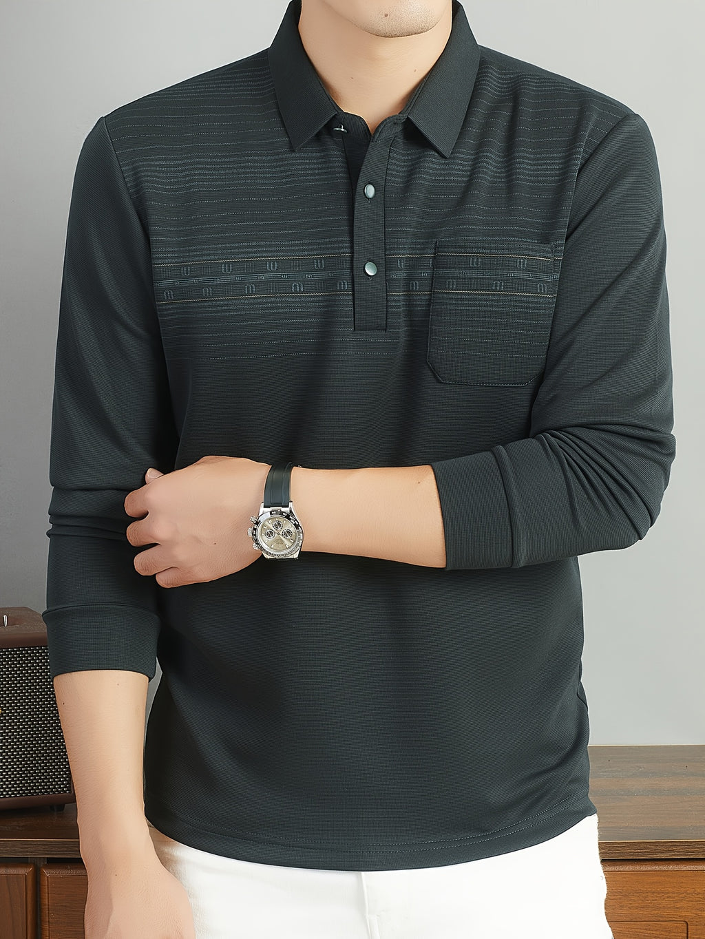 Middle-Aged Men'S Long Sleeve Polo Shirt Spring Autumn Business Casual Lapel Striped with Pocket Top - Dark Green