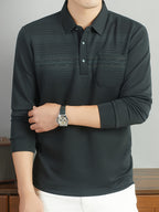 Middle-Aged Men'S Long Sleeve Polo Shirt Spring Autumn Business Casual Lapel Striped with Pocket Top - Dark Green
