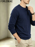 FORLENGKE Men's Business Casual Grid Textured Sweater - Soft Warm Stretch Knit Crew Neck Pullover, Suitable for Fall Winter Office Wear, Long Sleeve Blazer or Sweater Vest Compatible for Daily Professional Attire - Navy Color
