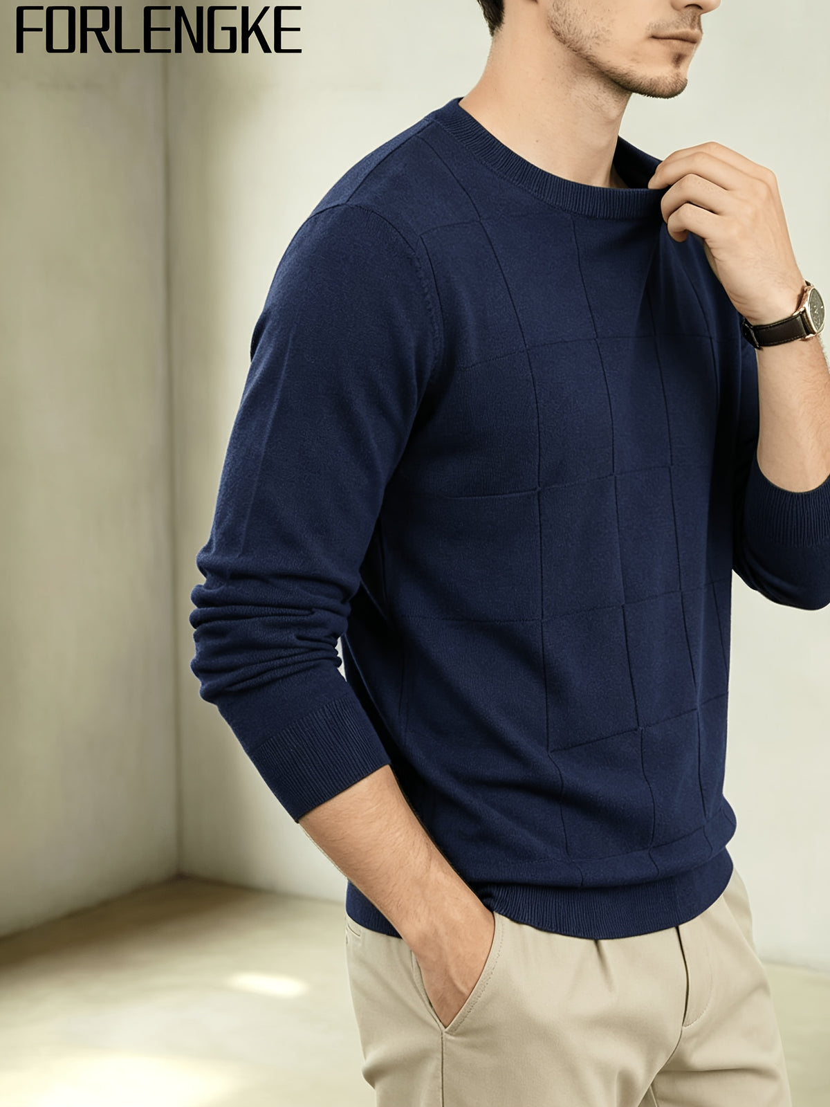 FORLENGKE Men's Business Casual Grid Textured Sweater - Soft Warm Stretch Knit Crew Neck Pullover, Suitable for Fall Winter Office Wear, Long Sleeve Blazer or Sweater Vest Compatible for Daily Professional Attire - Navy Color