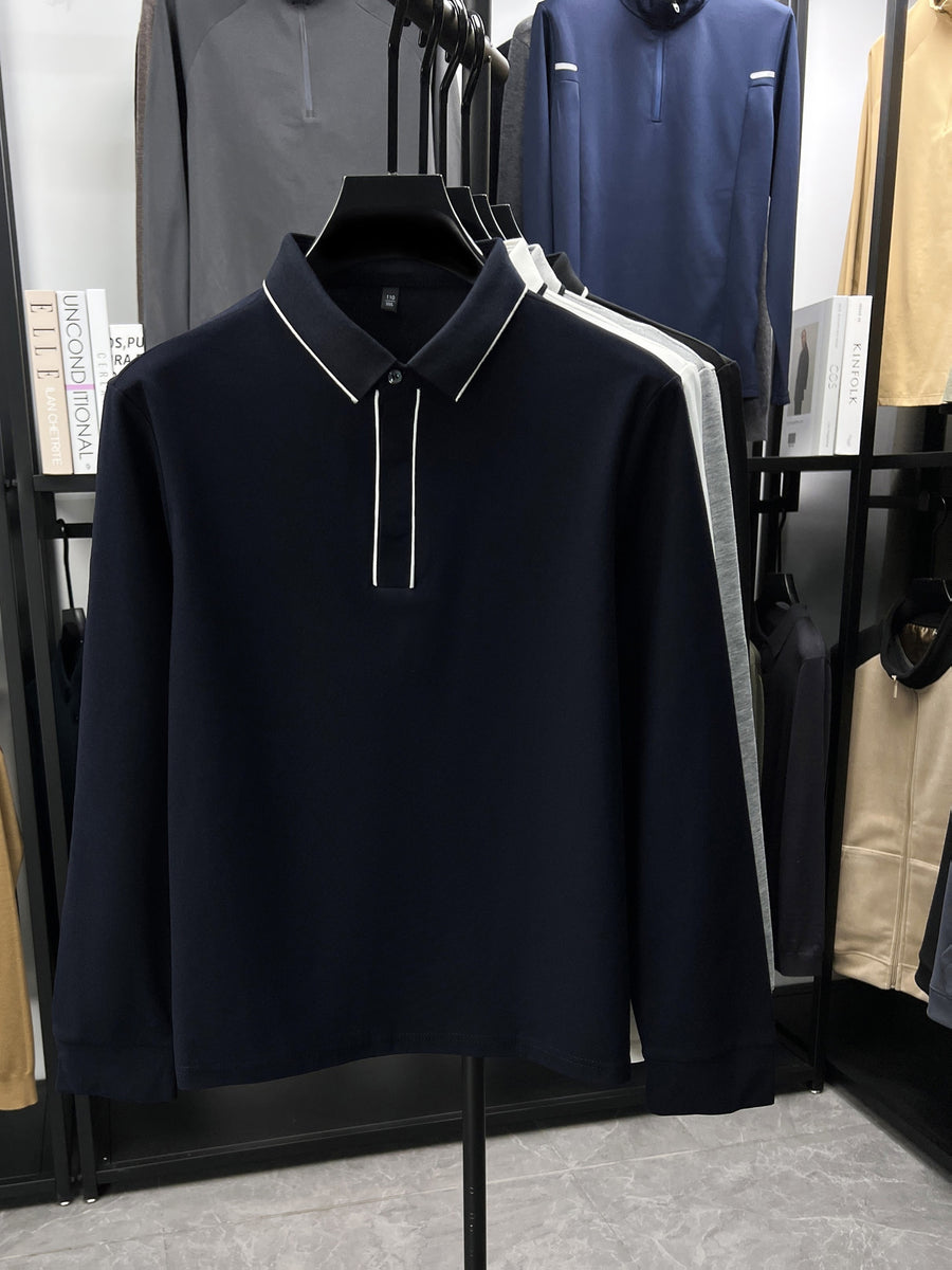Autumn Multi-Color Selectable Men'S Contrast Edge Long Sleeve Polo Shirt, Comfortable Fabric, Easy Lapel, Delicate And Smooth, Loose Fit, Business Commute, Visiting Friends, Business Travel, Home Casual Top - Navy Color
