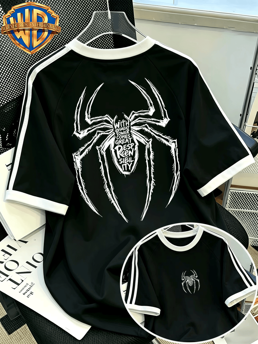 Warner Bros Official Men's 100% Pure T-Shirt with Contrast Ribbed Collar and Double Stripes, Casual Short-Sleeve Top. Features a Trendy, Cool American-style Spider Hand-drawn Line Art and Fun Slogan Print. Made of Pure for Casual Comfort - Black