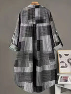 New Women's Color-Block Plaid Print Shirt with Lapel Collar, Single Pocket, Loose Fit, Midi-Length Design for Casual Streetwear and Daily Commuting - Grey