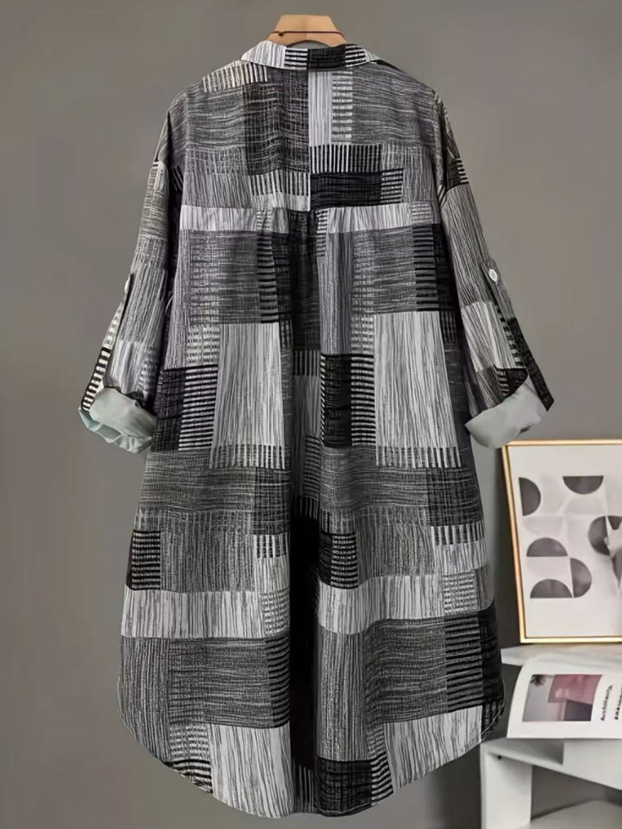 New Women's Color-Block Plaid Print Shirt with Lapel Collar, Single Pocket, Loose Fit, Midi-Length Design for Casual Streetwear and Daily Commuting - Grey