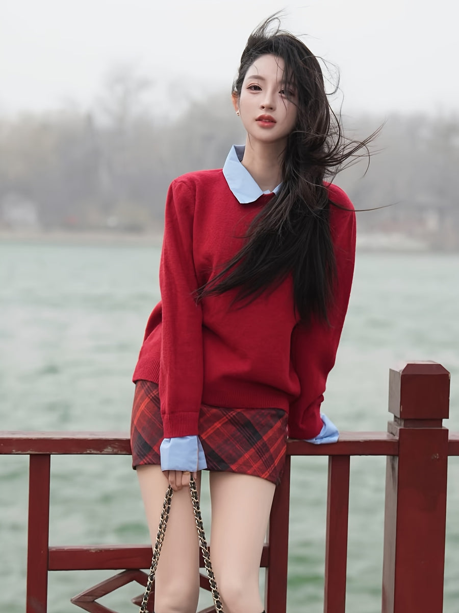 New Women's Autumn 2-in-1 Look Shirt Collar Top Sweater Layer Lazy Style Contrast Collar Gray Sweater - Red