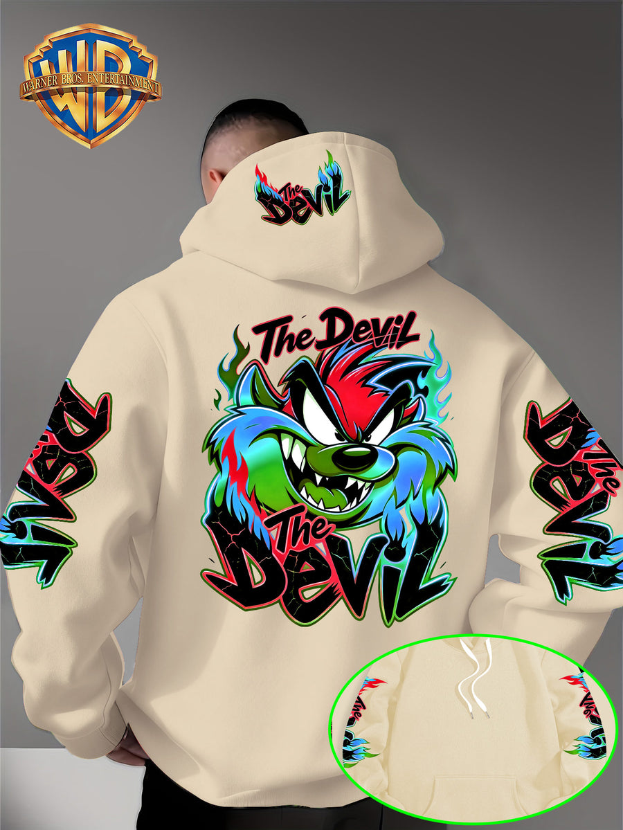 Le Yitong Flame Style Color-Block Graffiti Big Mouth Monster The Devil Print Hoodie, with Sleeve Print Design, Kangaroo Pouch And Drawstring Hood, Suitable for Autumn/Winter Casual Wear And Outdoor Activities - Apricot