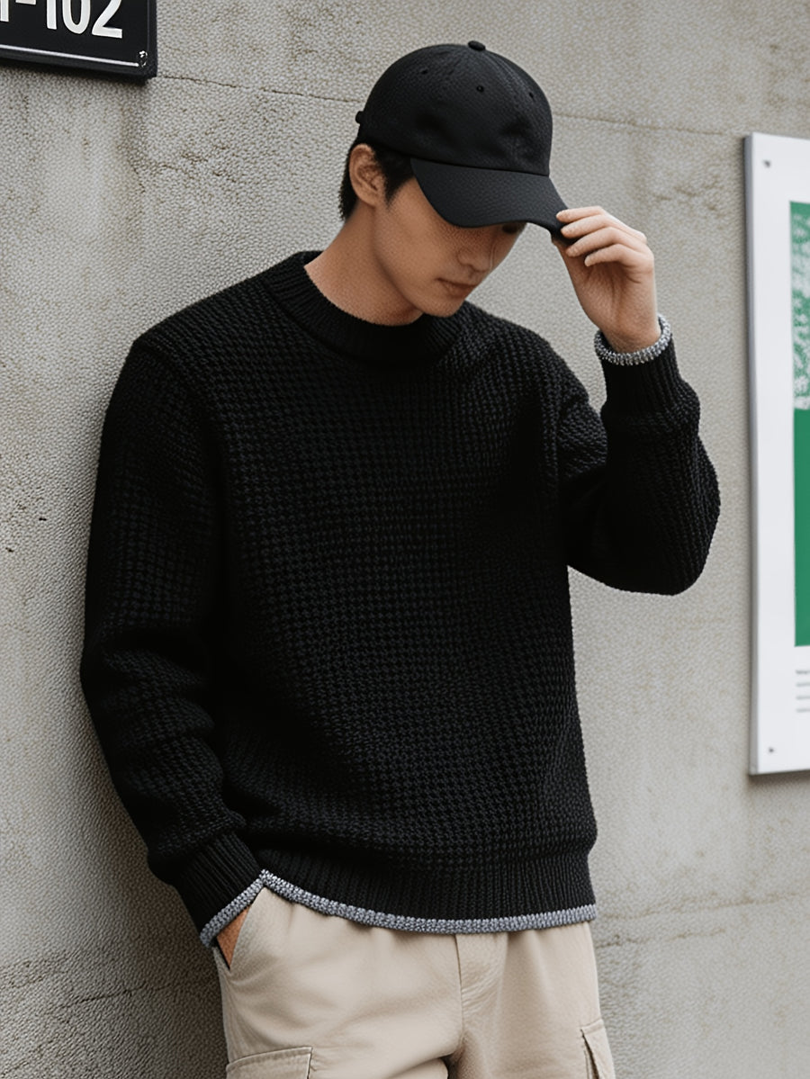 Autumn Winter Men'S Waffle Knit Round Neck Pullover Sweater, Faux Two-Piece Color Blocked Trim Long Sleeve Knit Top, Loose Drop Shoulder Warm Sweater, Suitable for Daily Commute Casual Wear - Black