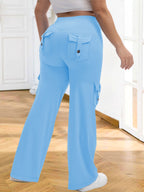 1pc Of Large-Size Women's Sports Wide-Leg Pants, Casual Home Wide-Leg Pants with 4 Strap Pockets, High Waist And Tummy Control, Moisture Wicking, Suitable for Outdoor Sports Fitness, Running Exercise, Daily Wear Women's Large-Size Trousers - Sky