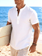 [Josh Mei Obm] Men'S Casual, Summer Men'S Comfortable Solid Color Henley Shirt Short Sleeve Lightweight Breathable Top Casual Versatile Men'S Henley Shirt, Daily Commuting, Outdoor Beach, Gift for Male Friends - White