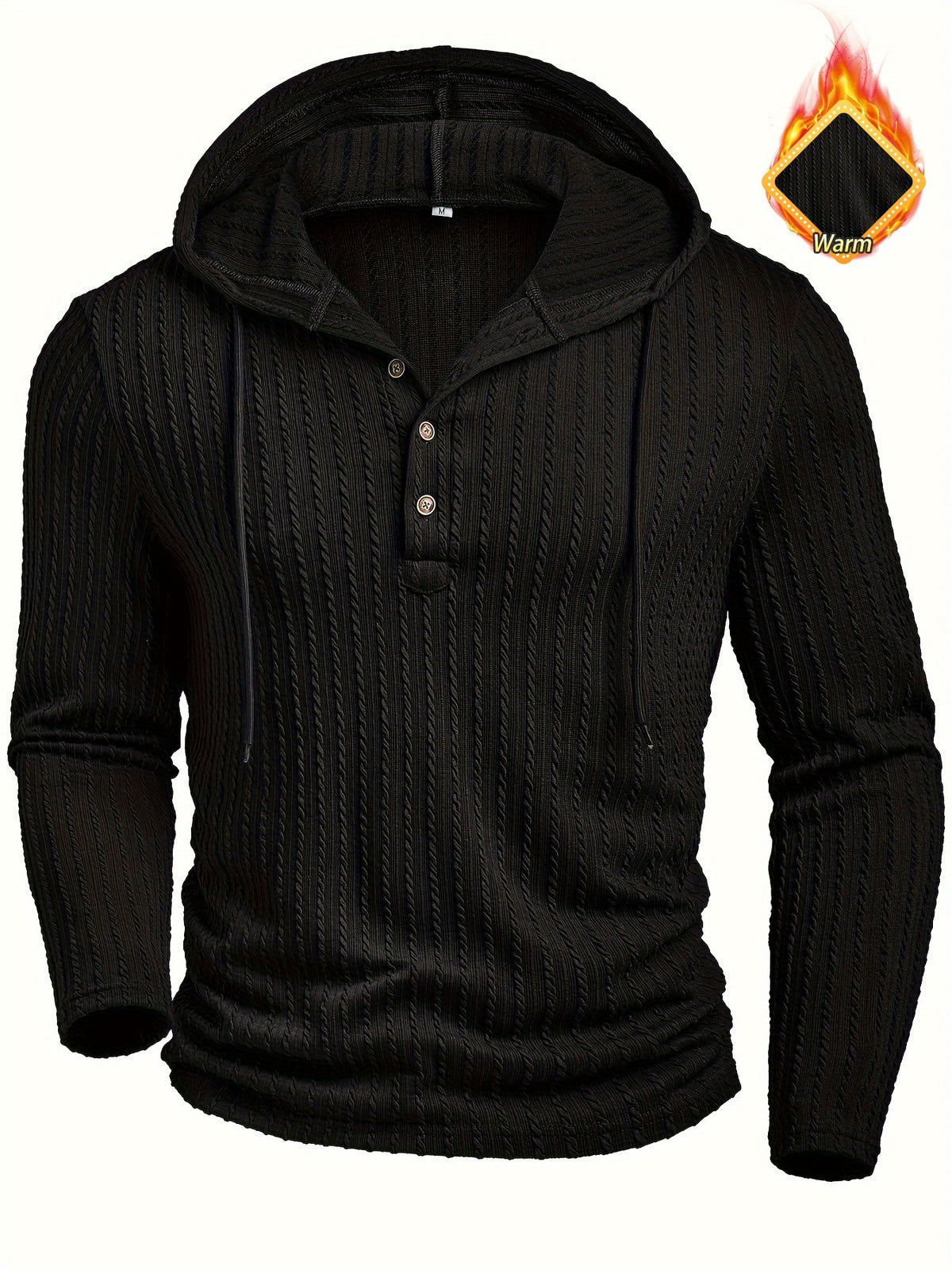 Men's Fashion Casual Textured Solid Color Long Sleeve Hooded Drawstring Button Henley Shirt for Autumn and Winter, New Season - Black