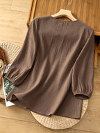 French-Style Gentle Textured Shirt with V-Neck, Lace Floral Design, Lantern Sleeves, Loose Fit, Relaxed Style, Versatile Daily Top - Dark Brown
