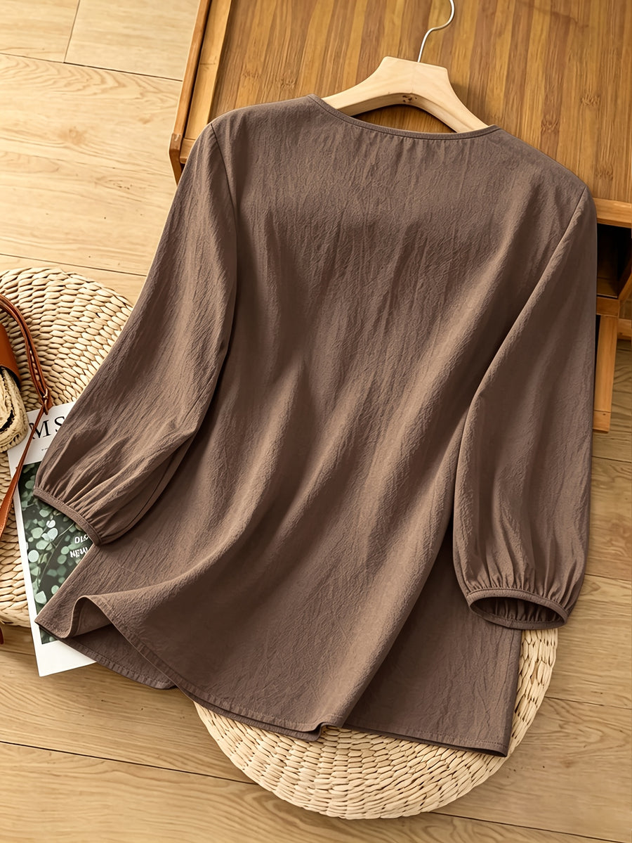 French-Style Gentle Textured Shirt with V-Neck, Lace Floral Design, Lantern Sleeves, Loose Fit, Relaxed Style, Versatile Daily Top - Dark Brown