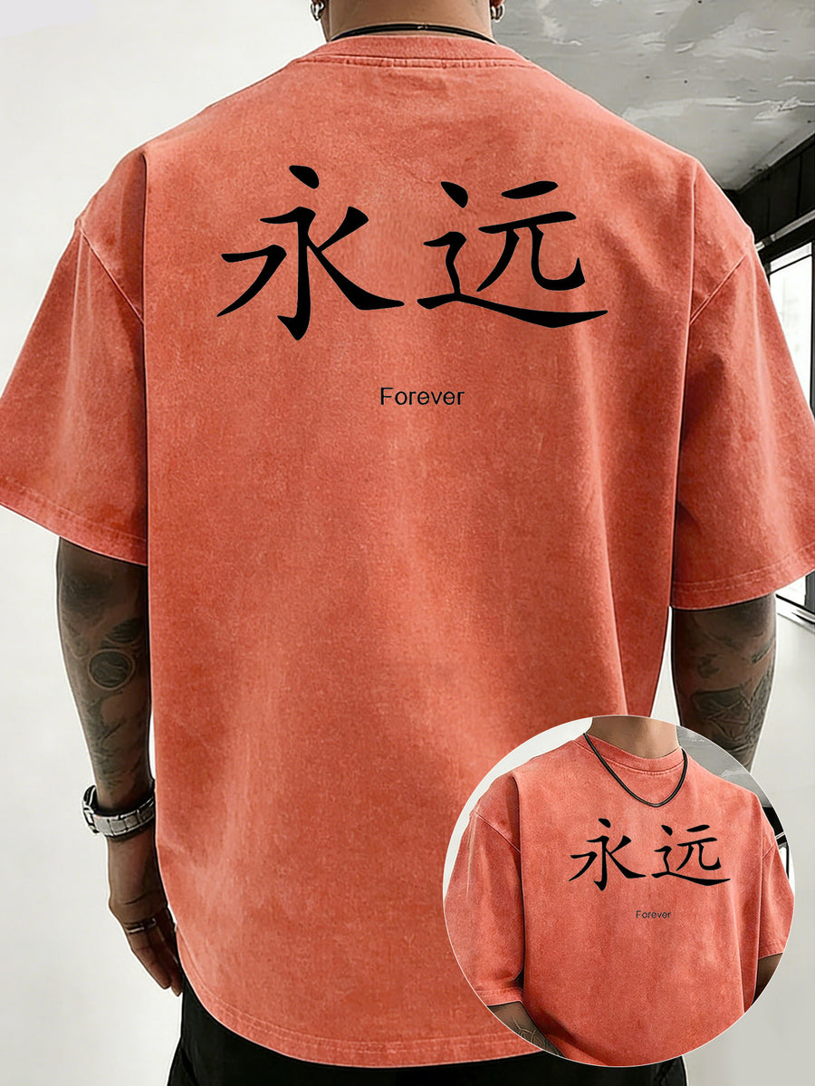 Heavyweight Ready-to-Wear Dyed Washed Double-Sided Print T-Shirt for Adults, Featuring Letter Graphic Print, Simple Loose Fit Pure Cotton Top, Versatile Short Sleeve for Commuting, Office, and Daily Wear - Orange