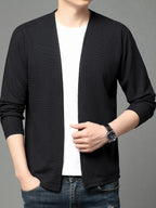 Popular Men's Waffle Knit V-Neck Cardigan, Spring/Autumn Business Casual Buttonless Outerwear, Breathable and Comfortable Knit Sweater, Slimming and Elegant Men's Outerwear, Solid Color Simple and Versatile Top, Soft, Skin-Friendly - Black