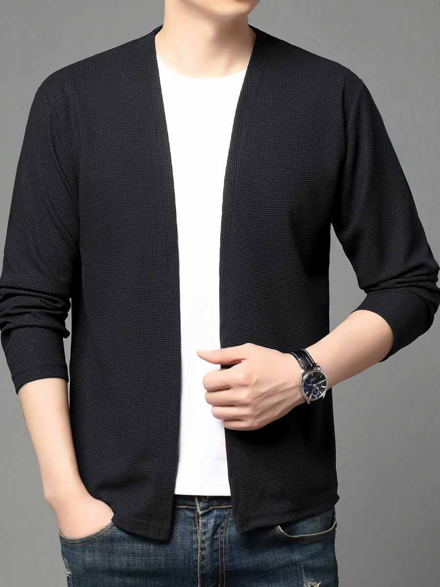 Popular Men's Waffle Knit V-Neck Cardigan, Spring/Autumn Business Casual Buttonless Outerwear, Breathable and Comfortable Knit Sweater, Slimming and Elegant Men's Outerwear, Solid Color Simple and Versatile Top, Soft, Skin-Friendly - Black