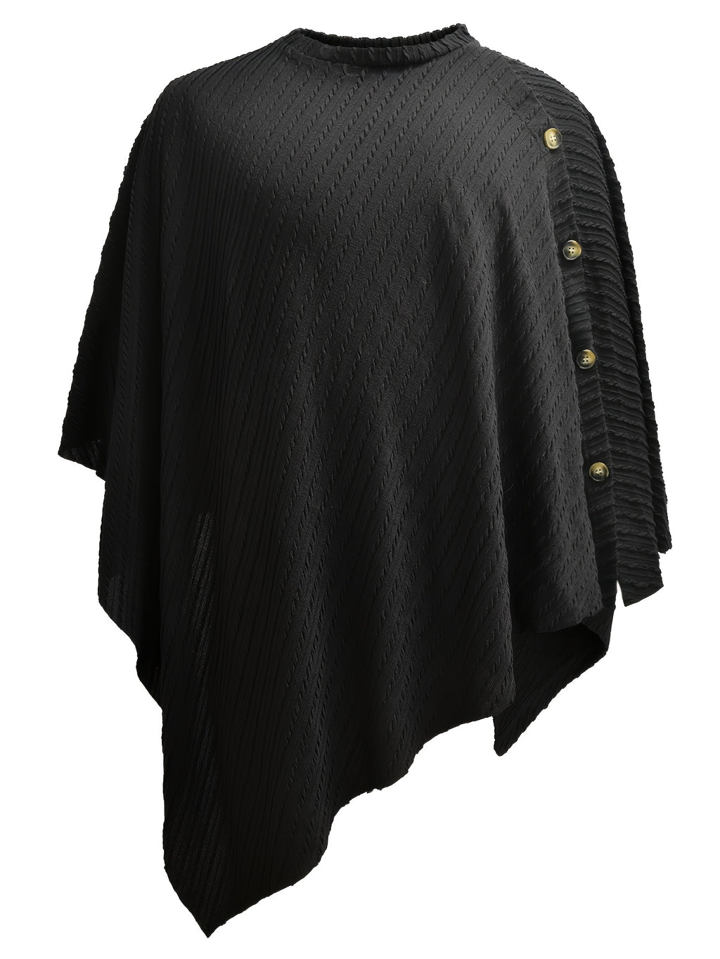 Men's Black Textured Knit Cape-style Top with Buttons, Loose Fit, One-size-fits-all, Irregular Hem, Casual Streetwear Shirt, Halloween Suitable for Bohemian, Festival, and Daily Wear - Black
