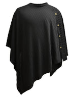 Men's Black Textured Knit Cape-style Top with Buttons, Loose Fit, One-size-fits-all, Irregular Hem, Casual Streetwear Shirt, Halloween Suitable for Bohemian, Festival, and Daily Wear - Black