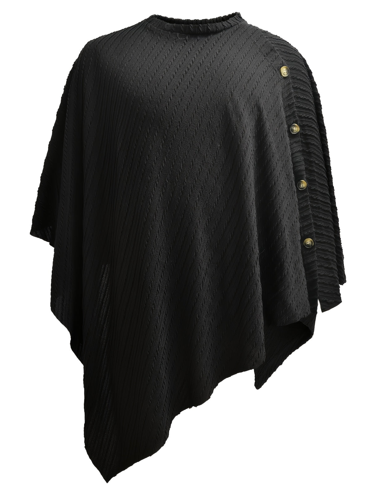 Men's Black Textured Knit Cape-style Top with Buttons, Loose Fit, One-size-fits-all, Irregular Hem, Casual Streetwear Shirt, Halloween Suitable for Bohemian, Festival, and Daily Wear - Black