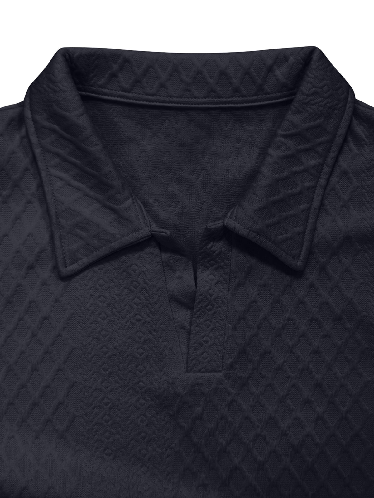 Men's Textured Long-Sleeve Polo Shirt for Spring/Autumn, Rhombus Jacquard Lapel Pullover, Simple and Elegant Casual Outerwear (Texture Random) - Navy Color