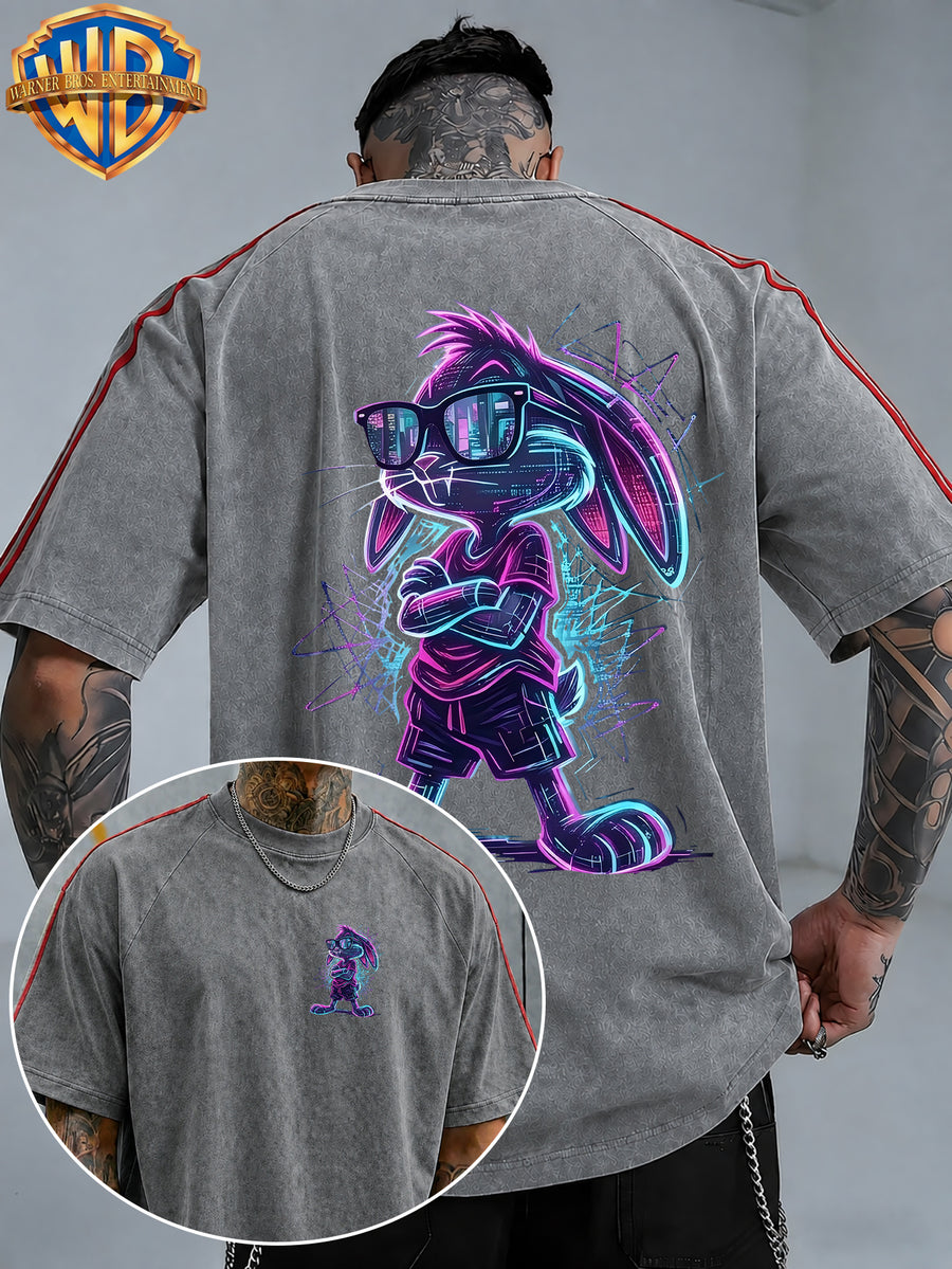 Official Warner Bros. Licensed Product: Neon Effect SEG-Style Arm-Folded Fashion Glasses Cool Back Print Short-Sleeve T-Shirt, Contrast Striped Sleeve Crew Neck Casual Sport Top. Suitable for Outdoor Sports, Gym, Daily Commuting, and Gifting - Grey