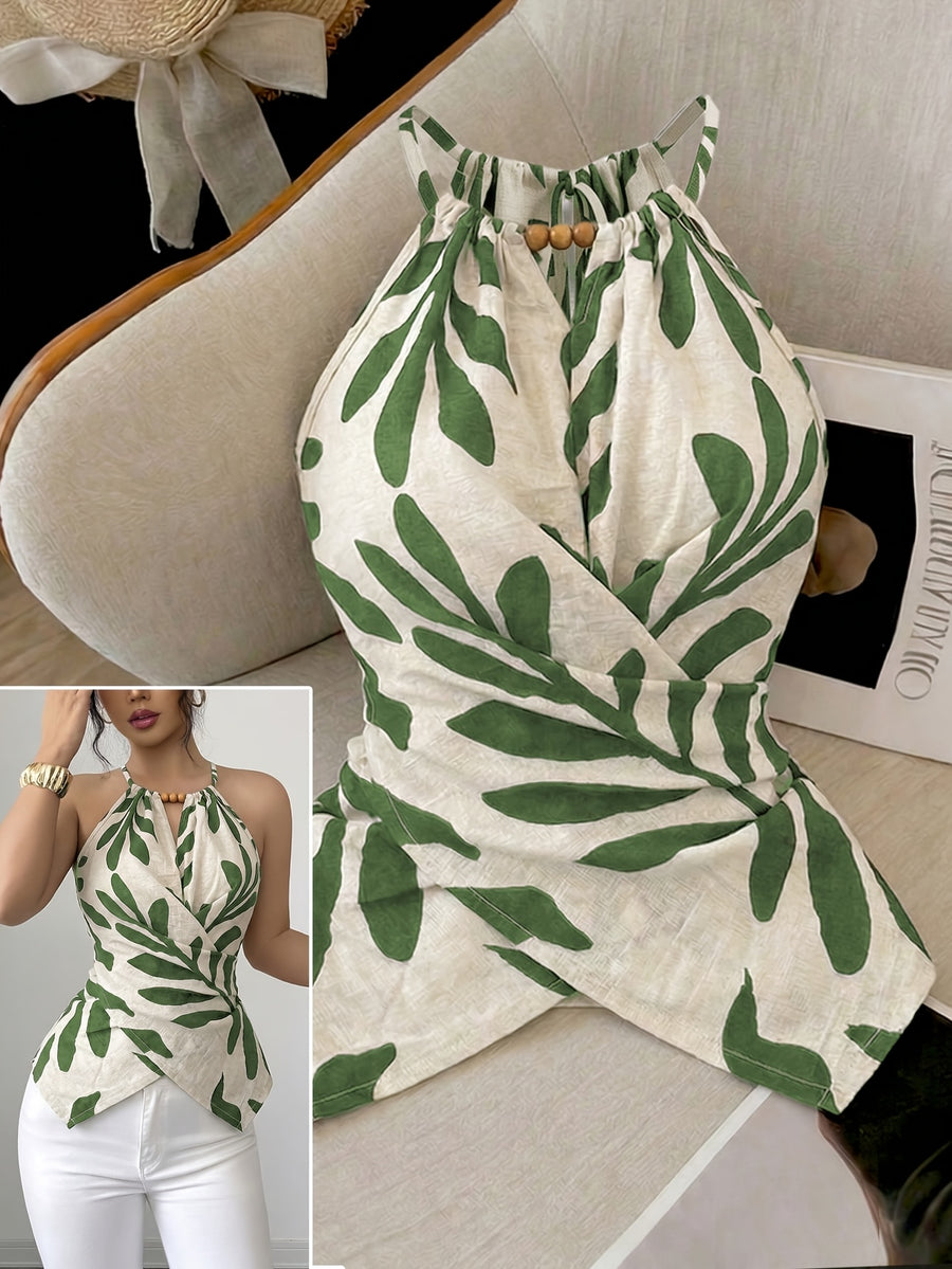 Women'S Casual Vest, Plant Print Cross Back Tie Off-Shoulder Vest, Suitable for Shopping, Vacation, Beach, Travel, Casual Wear - Green